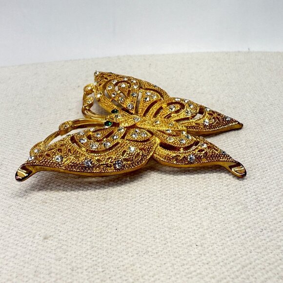 Ornate Butterfly Brooch Pin Gold-Tone Sparkly Rhinestone 2.5" Statement - Picture 3 of 8